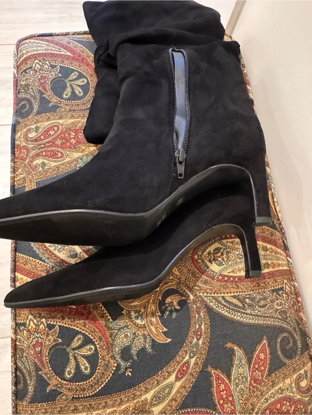 Black Size 10 suede look calf zip up boot wrap th kitten heels